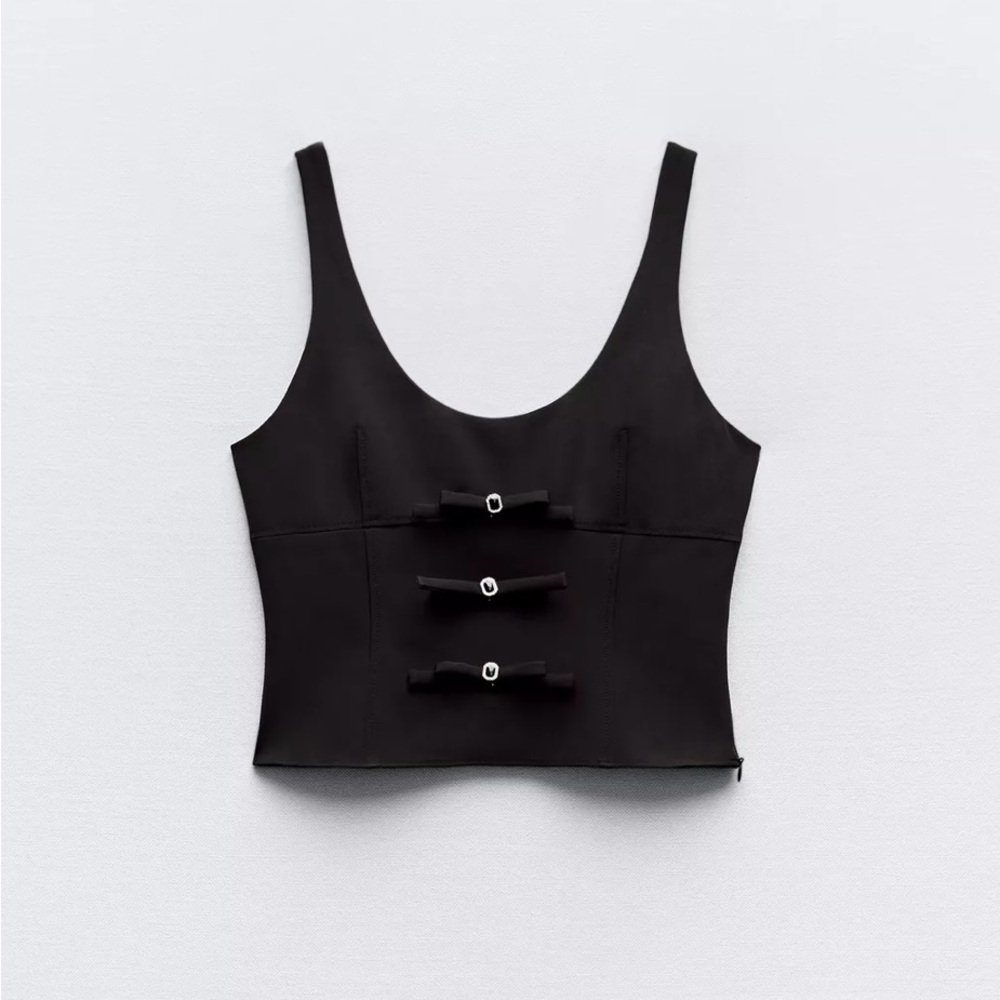 Zara Black Bow Detail Crepe Fitted Crop Tank Top